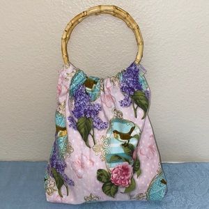 Homemade handbag, purse, satchel w/ bamboo handles & vintage style fabric